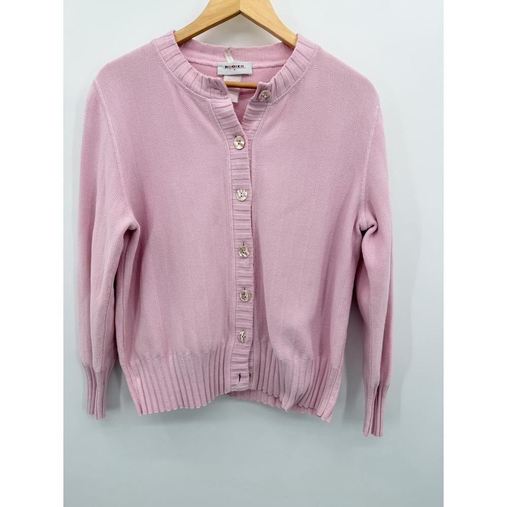 Vtg Classic Rodier Paris Pink Knit M Cardigan Coastal Grandma Granny Cottagecore